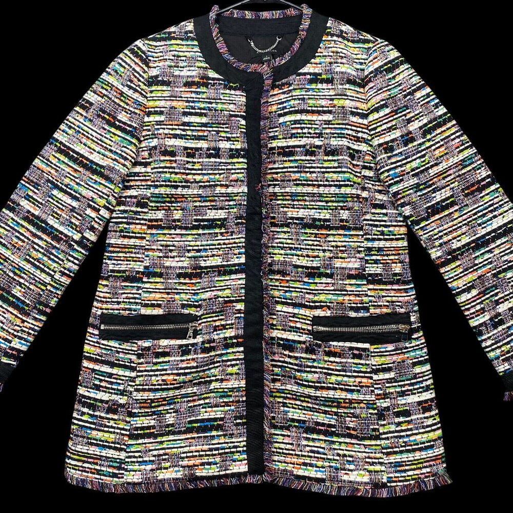 Ann Taylor Womens Multicolor Woven Tweed Jacket Zipper Pockets Frayed Edges SZ S